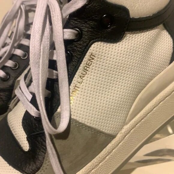 - Saint Laurent Colorblock High Top Perforated Tennis Shoes White/Black Me…